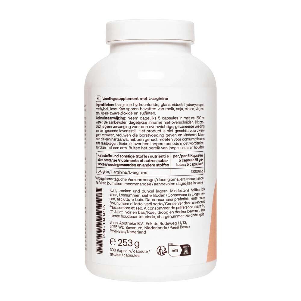 Retro del flacone Redcare L-Arginina. Testo in tedesco, italiano, olandese e francese. Ingredienti e utilizzo.