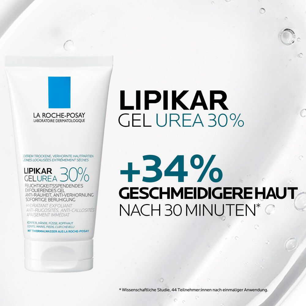 Tubo bianco, quadrato blu. Scritta: Lipikar Gel Urea 30%. Testo: +34% pelle più liscia in 30 minuti.