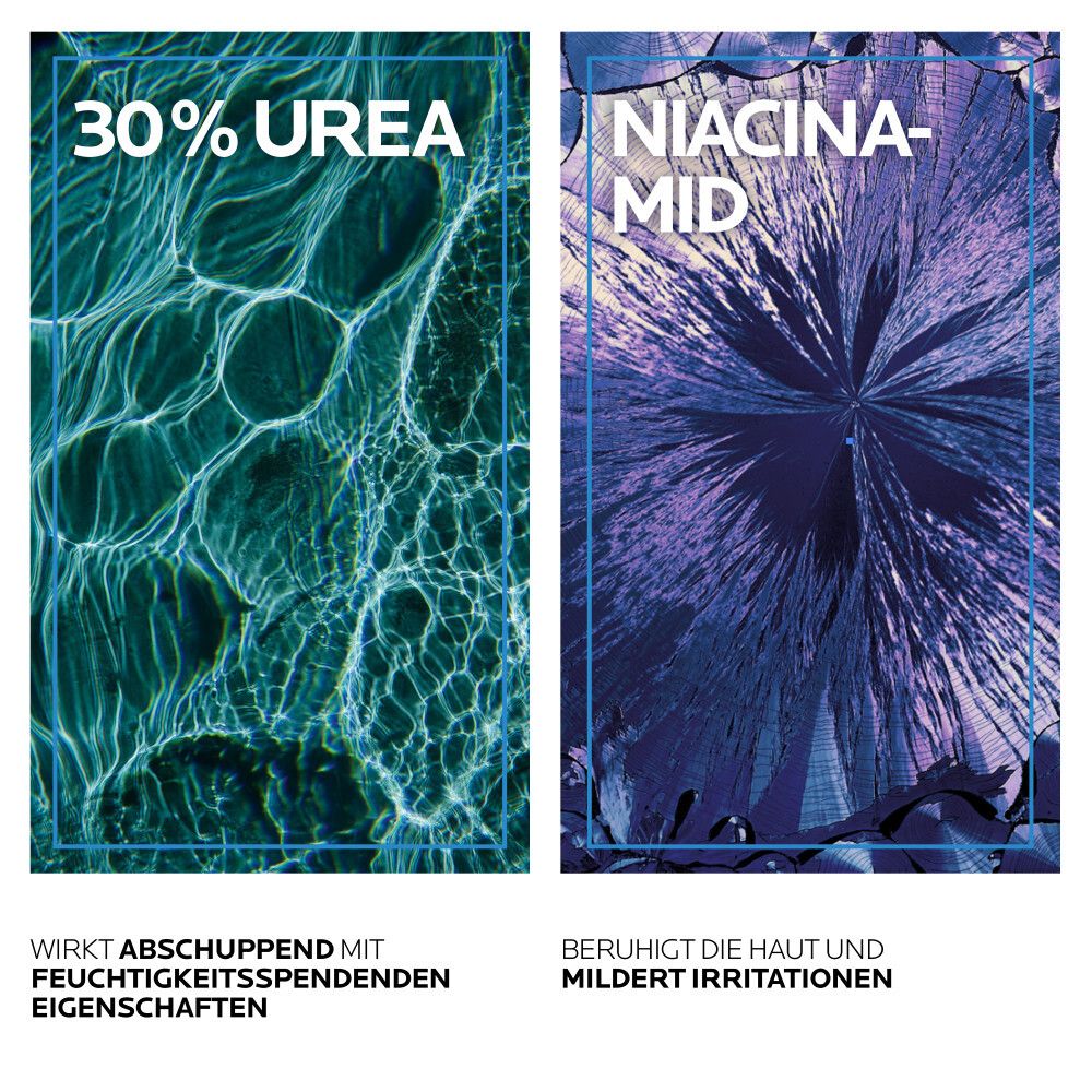 Due immagini: 30% Urea e Niacinamide. Testo: Esfolia con proprietà idratanti.