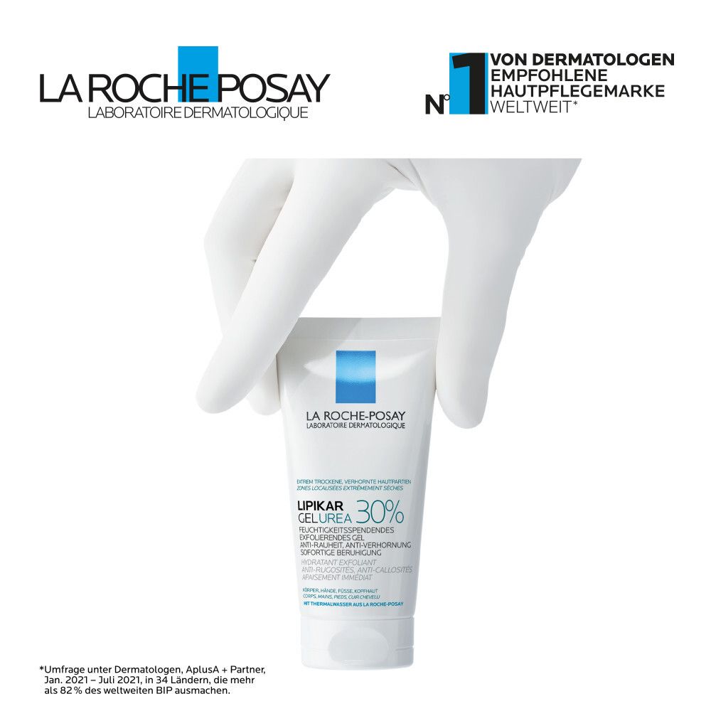 Mano che tiene un tubo Lipikar Gel Urea 30%. Logo La Roche-Posay. Testo: Dai dermatologi di tutto il mondo.