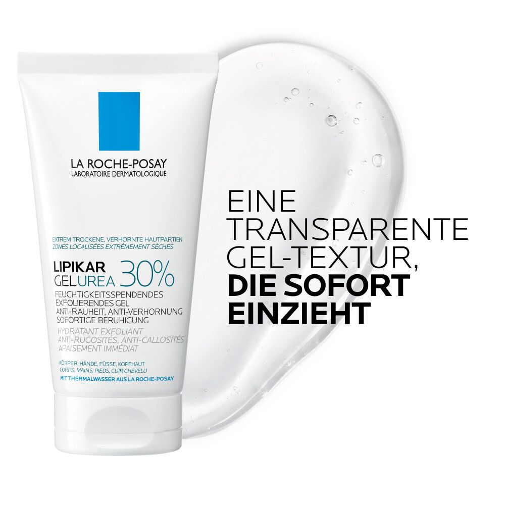 Tubo bianco, quadrato blu. Scritta: Lipikar Gel Urea 30%. Testo: Una texture gel trasparente, che si assorbe subito.