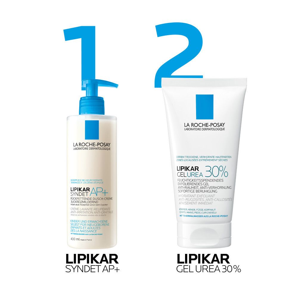 Due prodotti: Lipikar Syndet AP+ e Lipikar Gel Urea 30%. Entrambi bianchi con un quadrato blu.