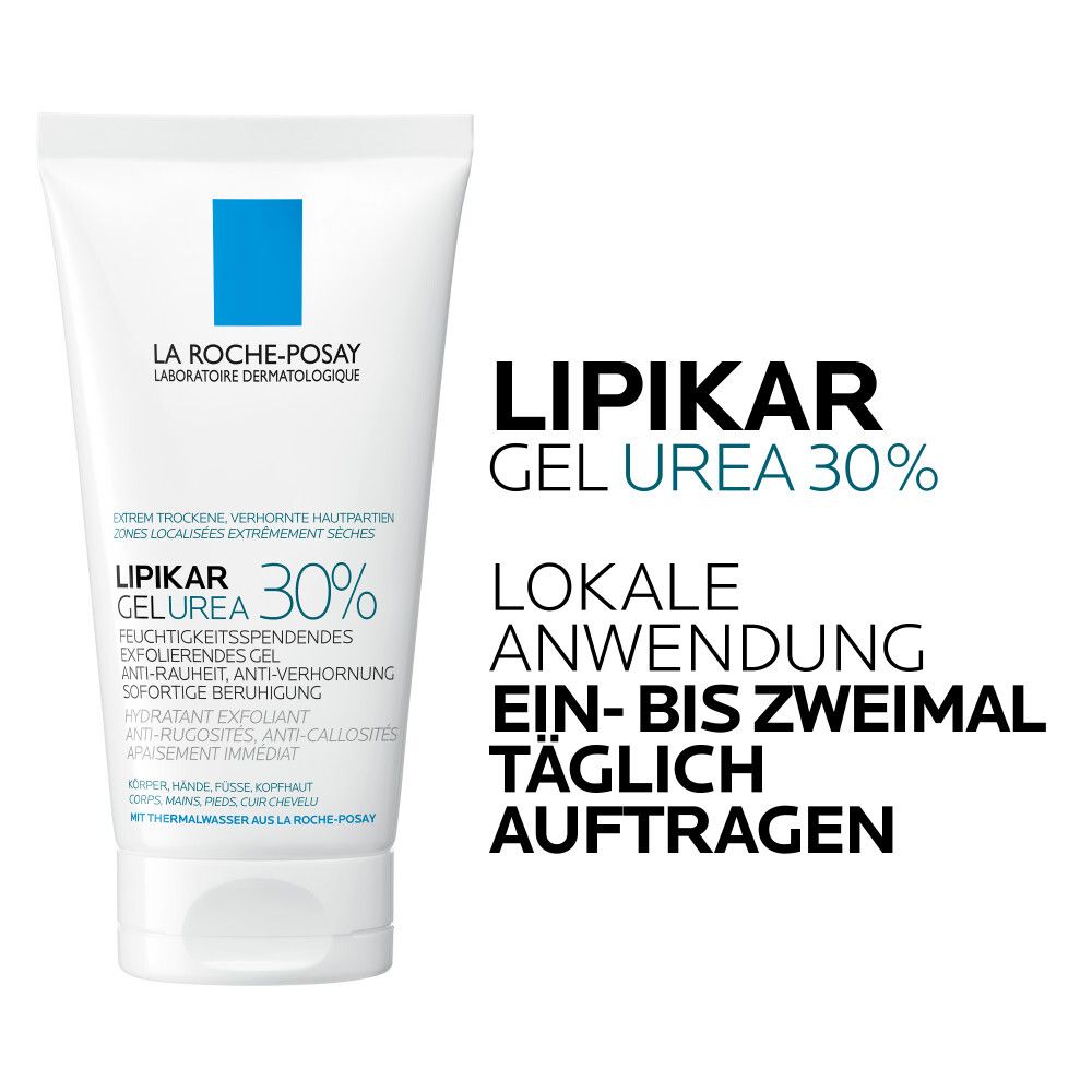 Tubo bianco, quadrato blu. Scritta: Lipikar Gel Urea 30%. Testo: Applicazione locale una o due volte al giorno.