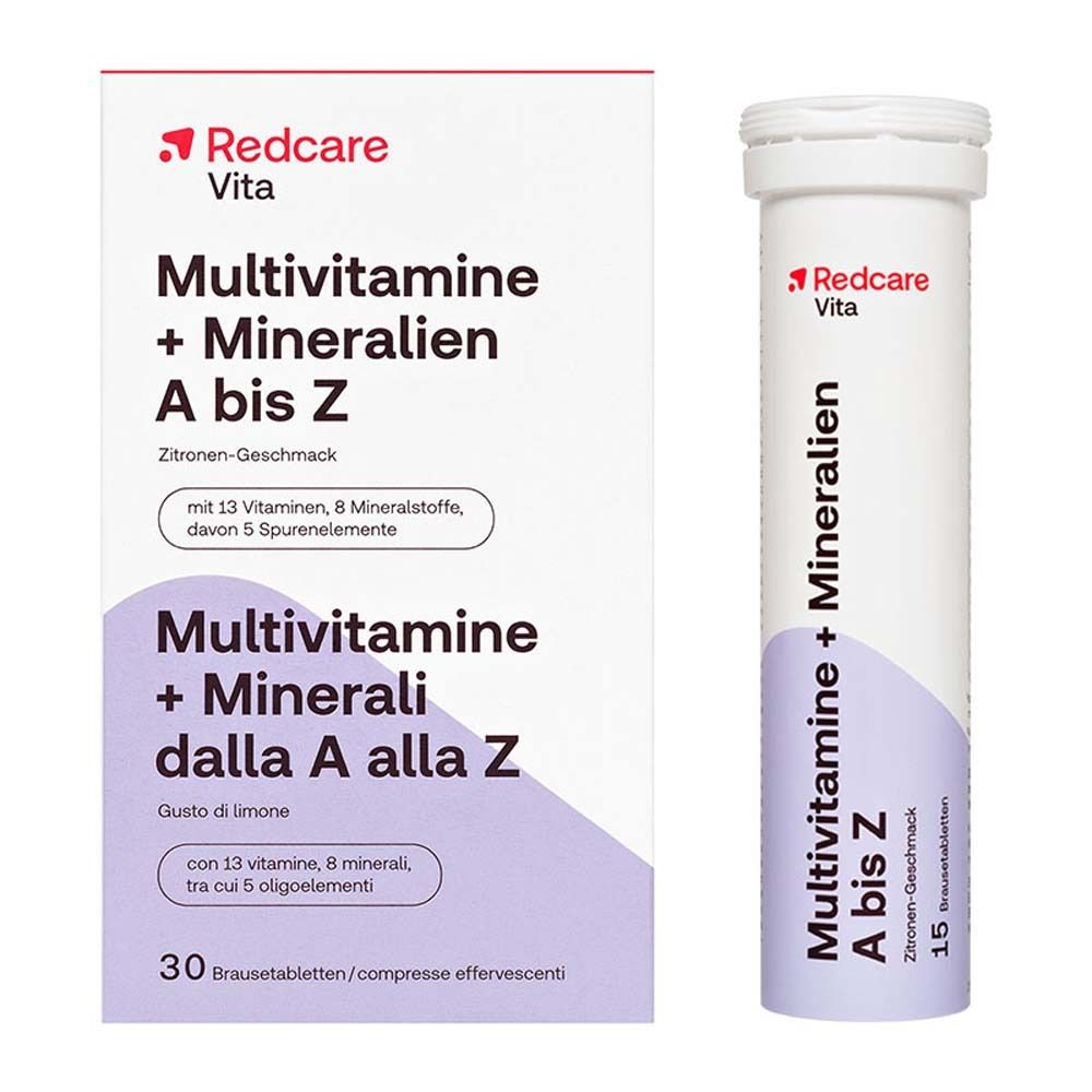 Tubo di compresse effervescenti con nome del prodotto e logo. Scritta: Multivitamine + Minerali dalla A alla Z, 15 compresse.