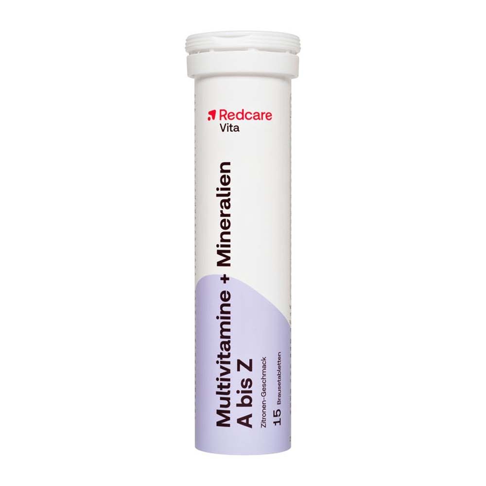 Tubo di compresse effervescenti con nome del prodotto e logo. Scritta: Multivitamine + Minerali dalla A alla Z, 15 compresse.