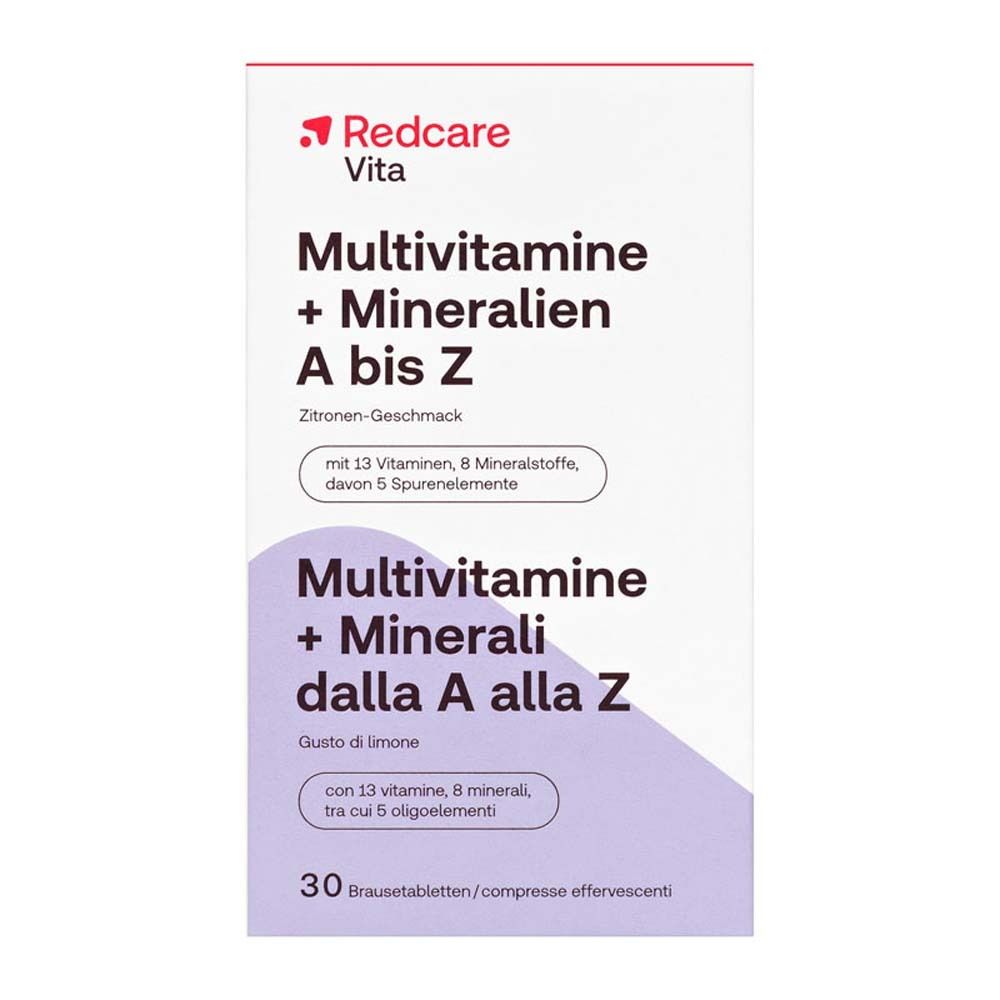 Confezione del prodotto con nome e logo. Scritta: Multivitamine + Minerali dalla A alla Z, 30 compresse effervescenti.