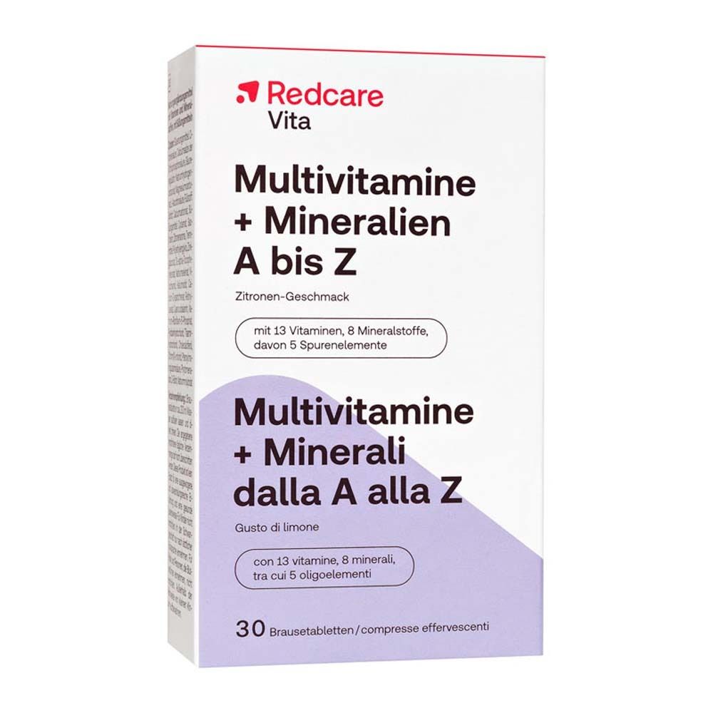 Confezione del prodotto con nome e logo. Scritta: Multivitamine + Minerali dalla A alla Z, 30 compresse effervescenti.
