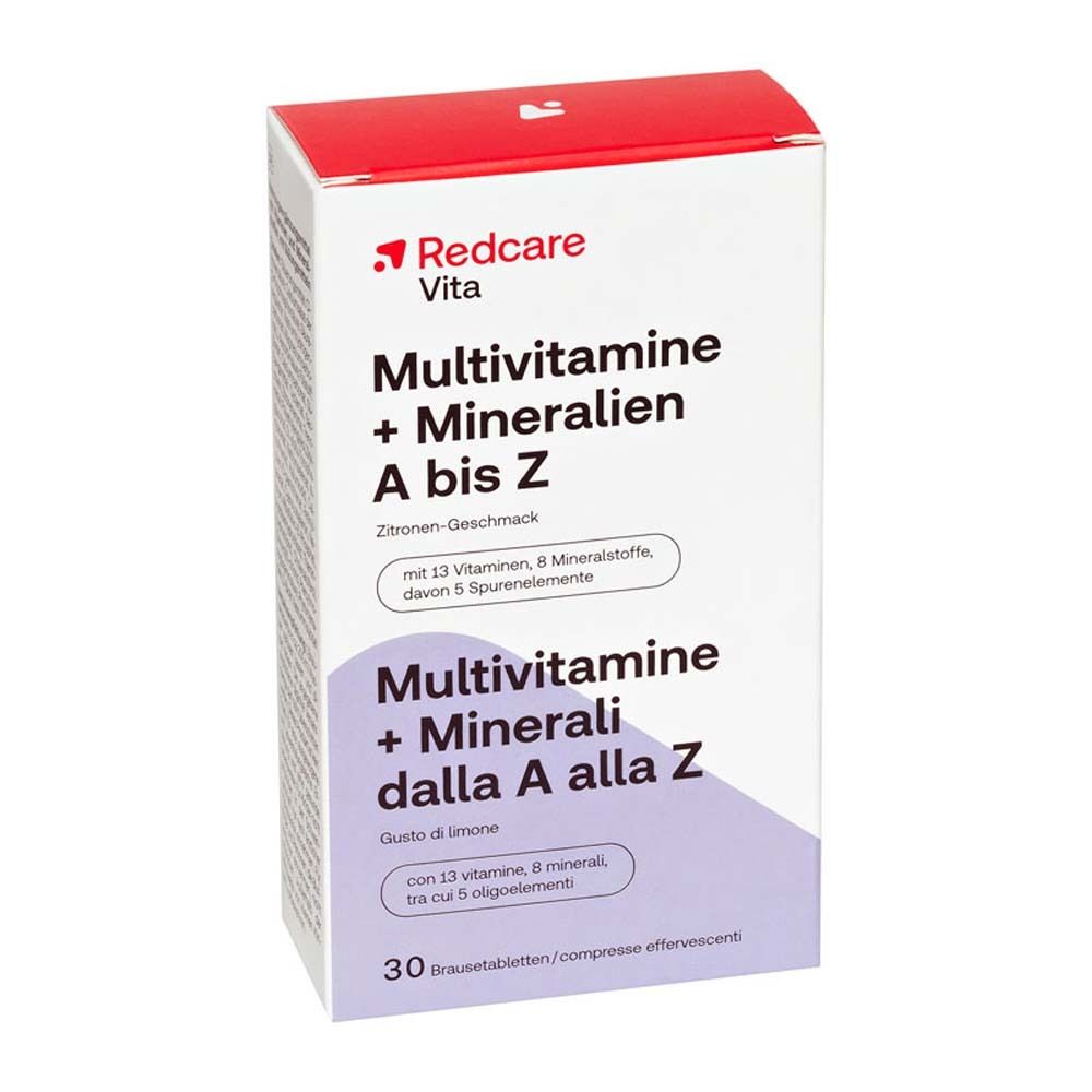 Confezione del prodotto con nome e logo. Scritta: Multivitamine + Minerali dalla A alla Z, 30 compresse effervescenti.