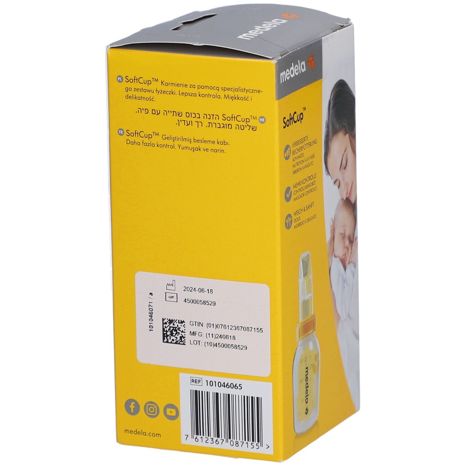 Retro della confezione Medela SoftCup. Testo e codice a barre. Sfondo giallo.