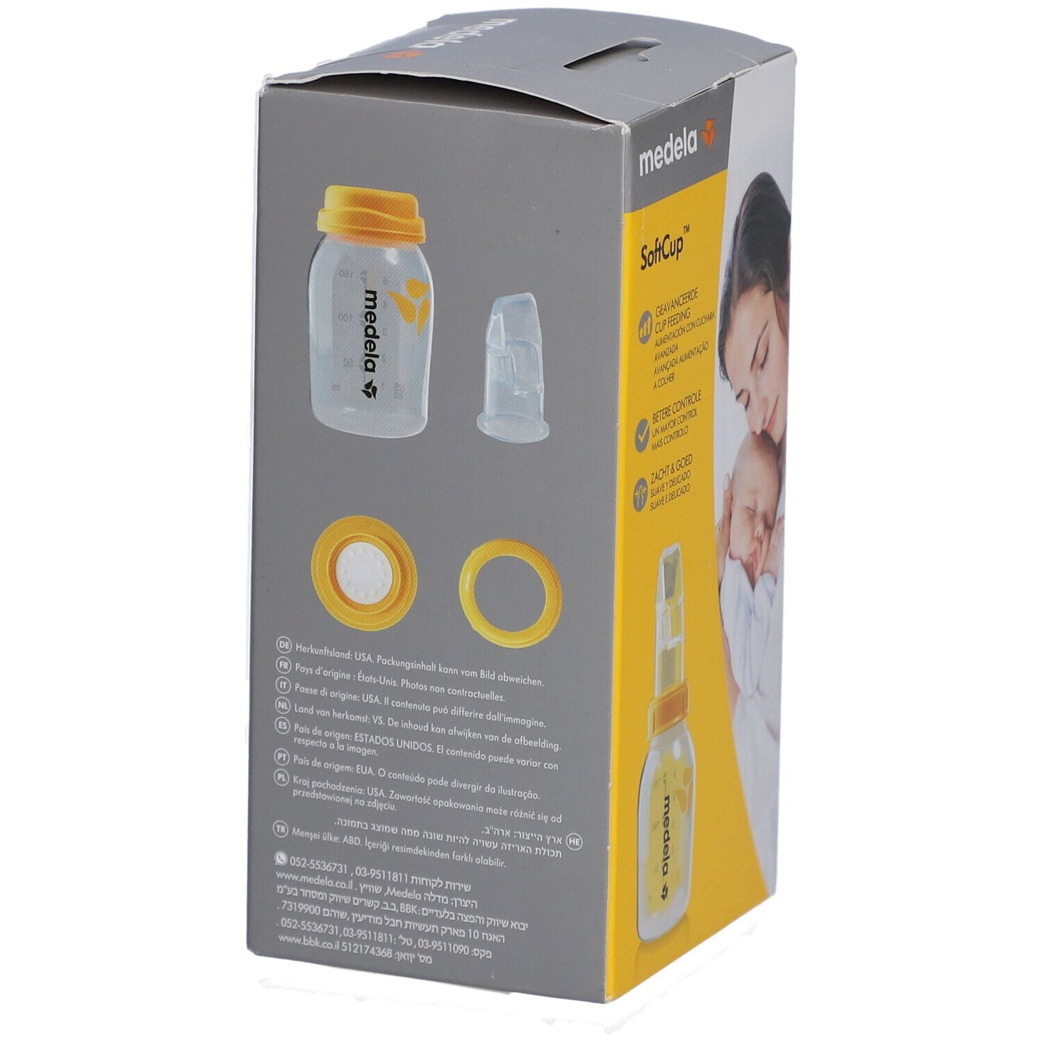 Confezione Medela SoftCup. Immagini del prodotto e testo. Giallo, trasparente e grigio.