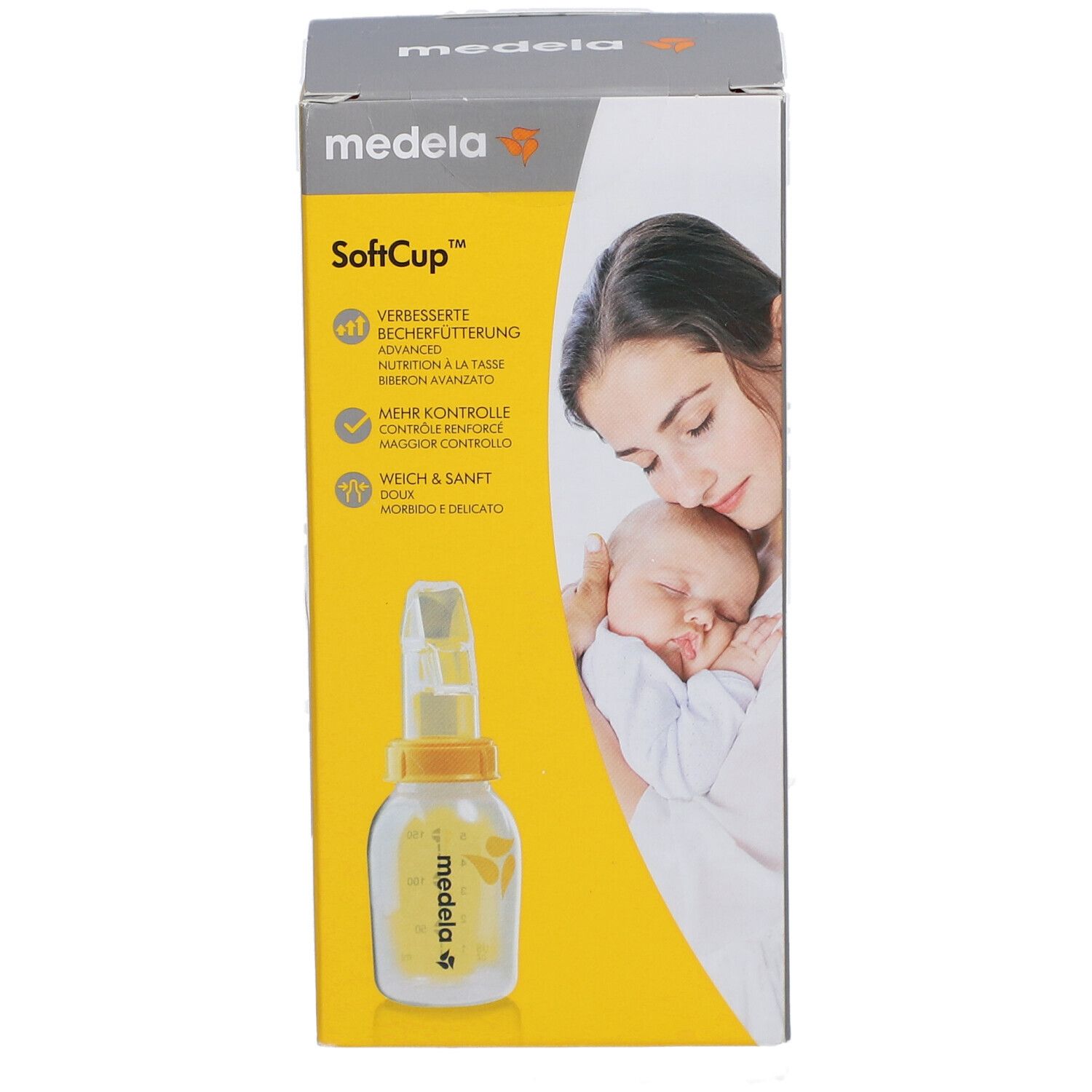 Confezione Medela SoftCup, tazza speciale. Immagine del prodotto e testo. Giallo e grigio.