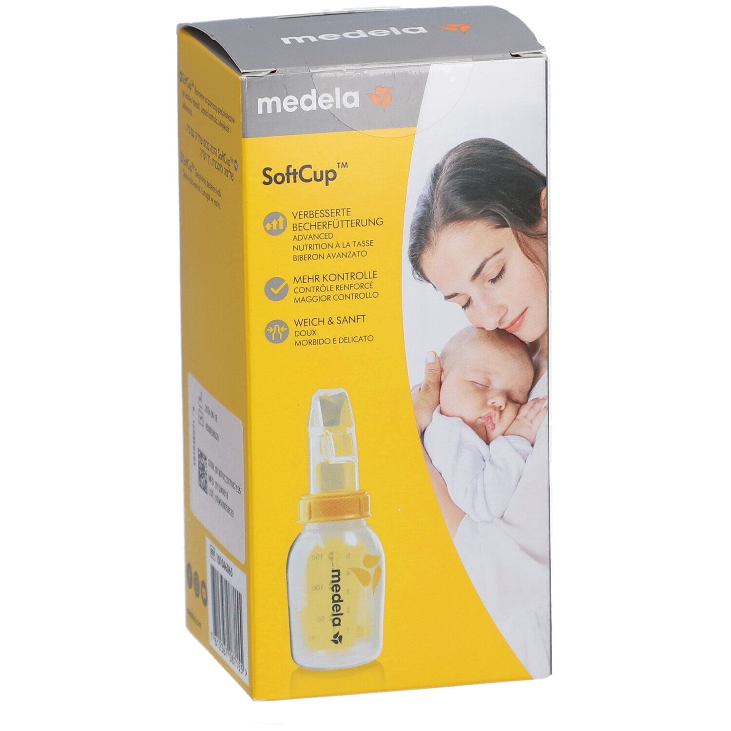 Confezione Medela SoftCup, tazza speciale. Immagine del prodotto e testo. Giallo e grigio.