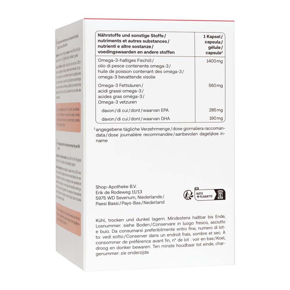 Retro della confezione Redcare Omega-3 1400 Kapseln. Ingredienti e valori nutrizionali.