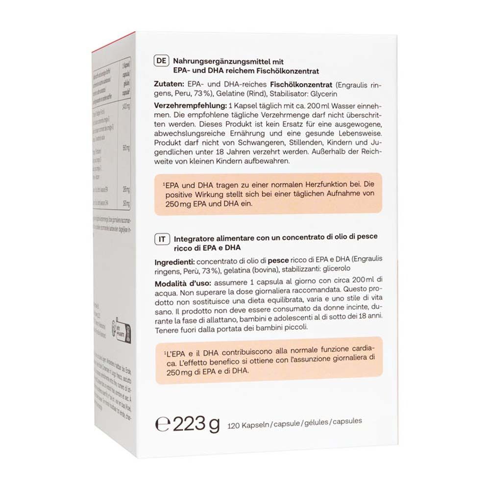 Retro della confezione Redcare Omega-3 1400 Kapseln. Testo in italiano e tedesco.