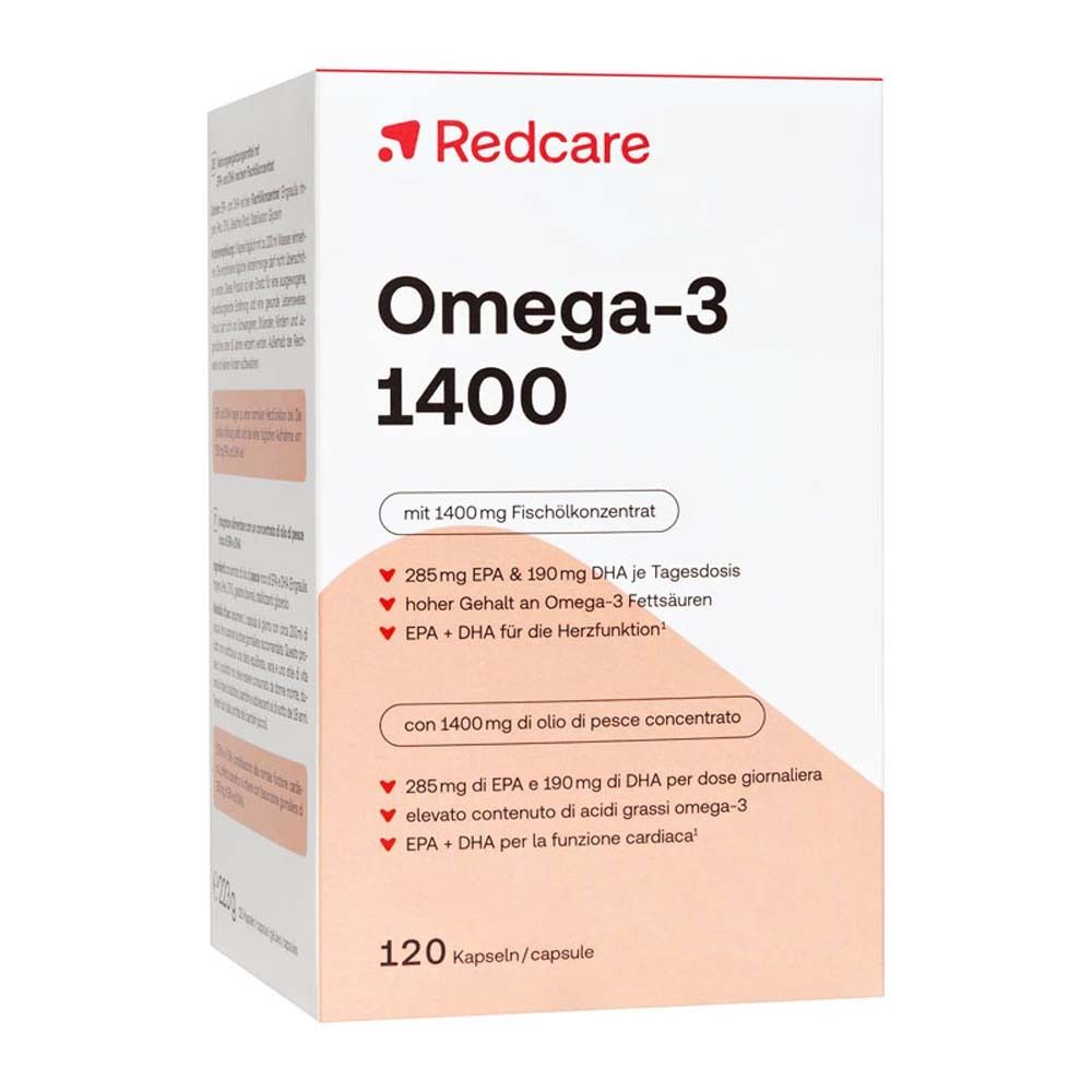 Scatola di Redcare Omega-3 1400 Kapseln. Informazioni e logo Redcare su sfondo bianco.