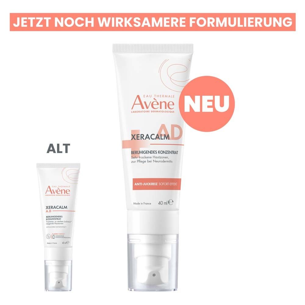Confronto: tubo vecchio e nuovo. Nuovo tubo: Eau Thermale Avène XERACALM A.D. Concentrato lenitivo. 40 ml. Etichetta "Nuovo".