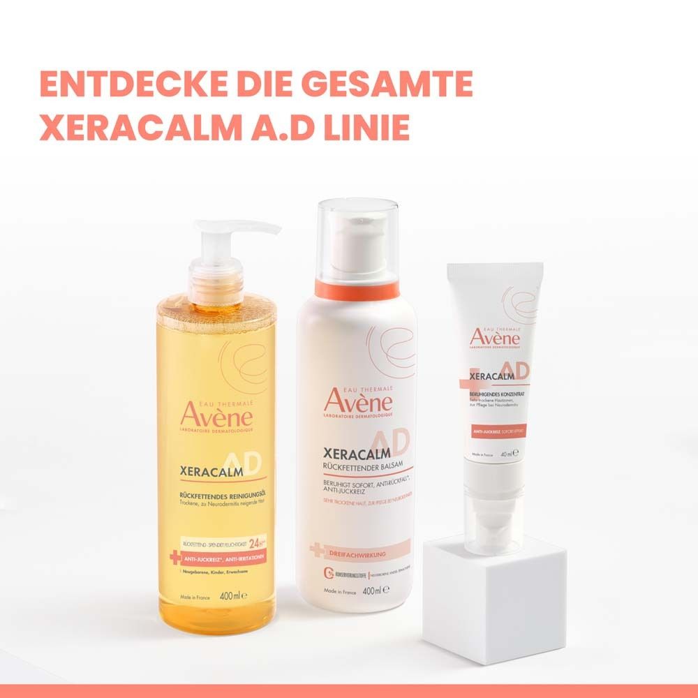 Tre prodotti della linea XERACALM A.D: olio detergente, balsamo e concentrato. Scritta: Eau Thermale Avène XERACALM.