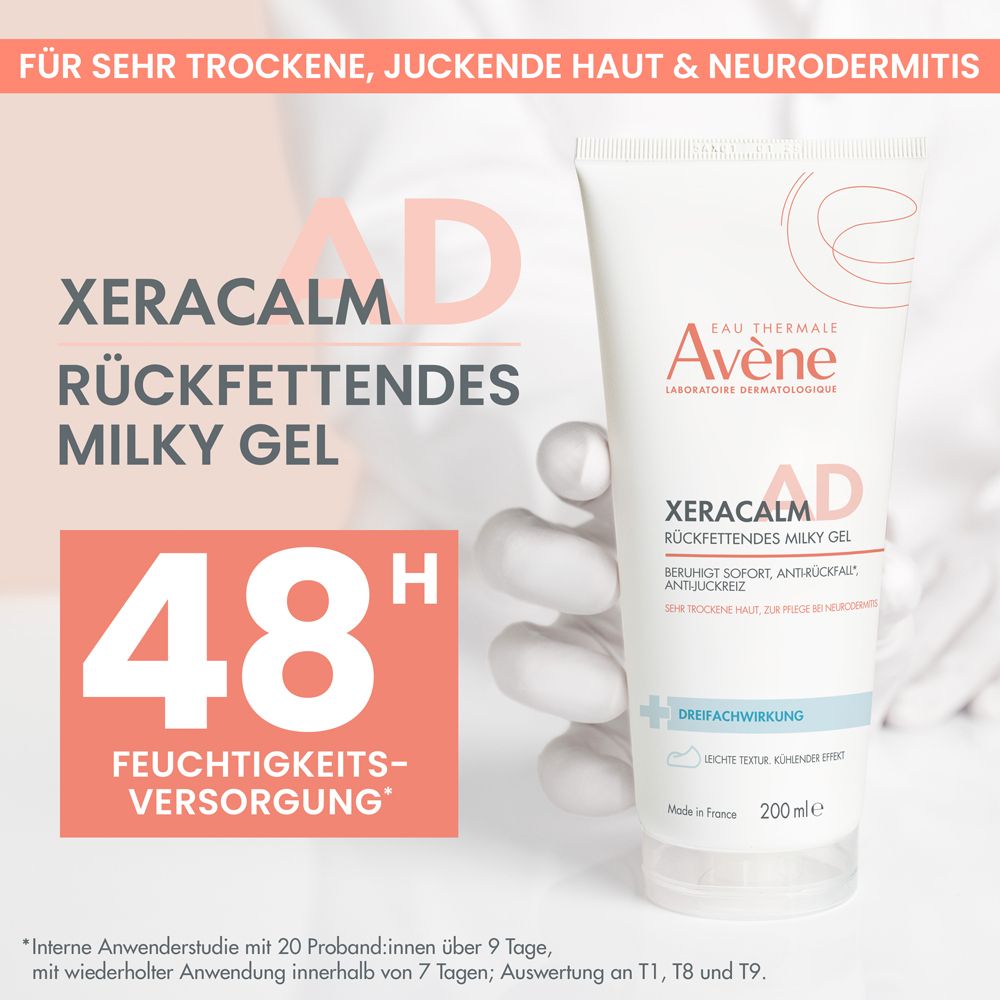 Tubo. Testo: XeraCalm AD, Milky Gel relipidante. Idratazione 48H. Per pelli molto secche e a tendenza atopica.