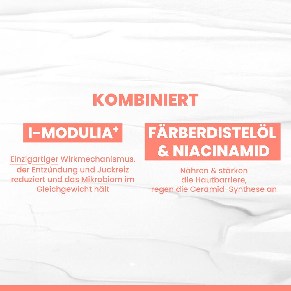 Immagine di una cellula con elementi rossi. Testo: I-MODULIA, attivo post-biotico. Riduce il prurito.