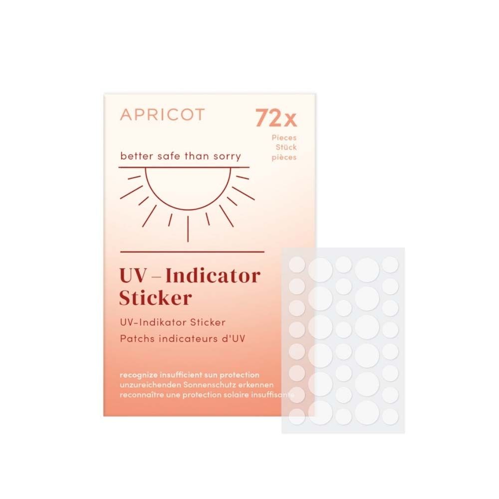 Confezione di adesivi indicatori UV. Marchio APRICOT. Contiene 72 pezzi. Adesivi per riconoscere una protezione solare insufficiente.