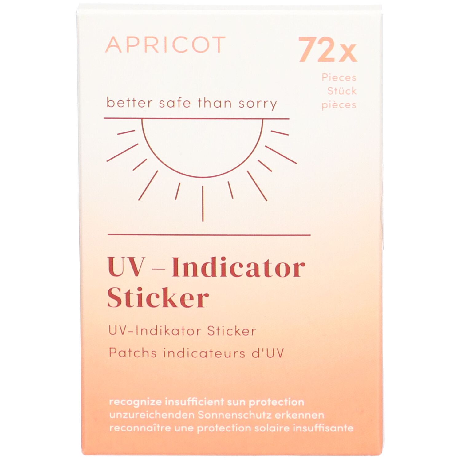 Confezione di adesivi indicatori UV. Testo: APRICOT, 72 pezzi, better safe than sorry. Simbolo solare. UV-Indicator Sticker.