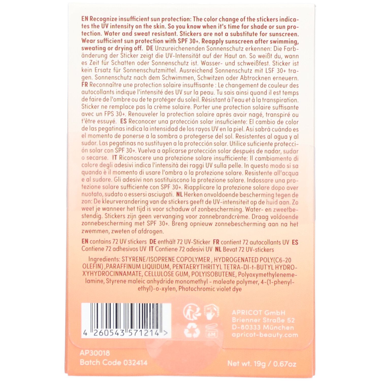 Retro della confezione con testo. Testo: APRICOT, ingredienti, 19g. Contiene 72 adesivi UV. Riconoscere una protezione solare insufficiente.