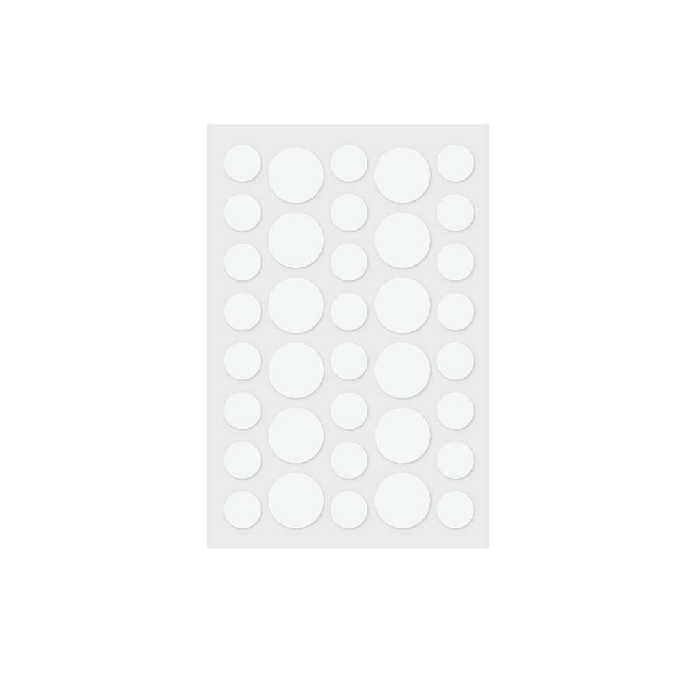 Foglio di adesivi indicatori UV rotondi bianchi. Diverse dimensioni. Adesivi per riconoscere una protezione solare insufficiente.