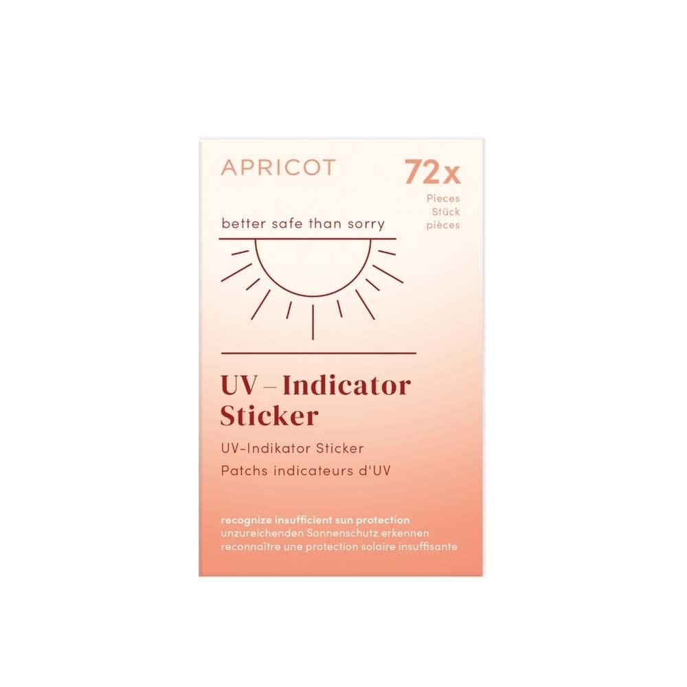 Confezione di adesivi indicatori UV. Marchio APRICOT. Contiene 72 pezzi. Adesivi per riconoscere una protezione solare insufficiente.