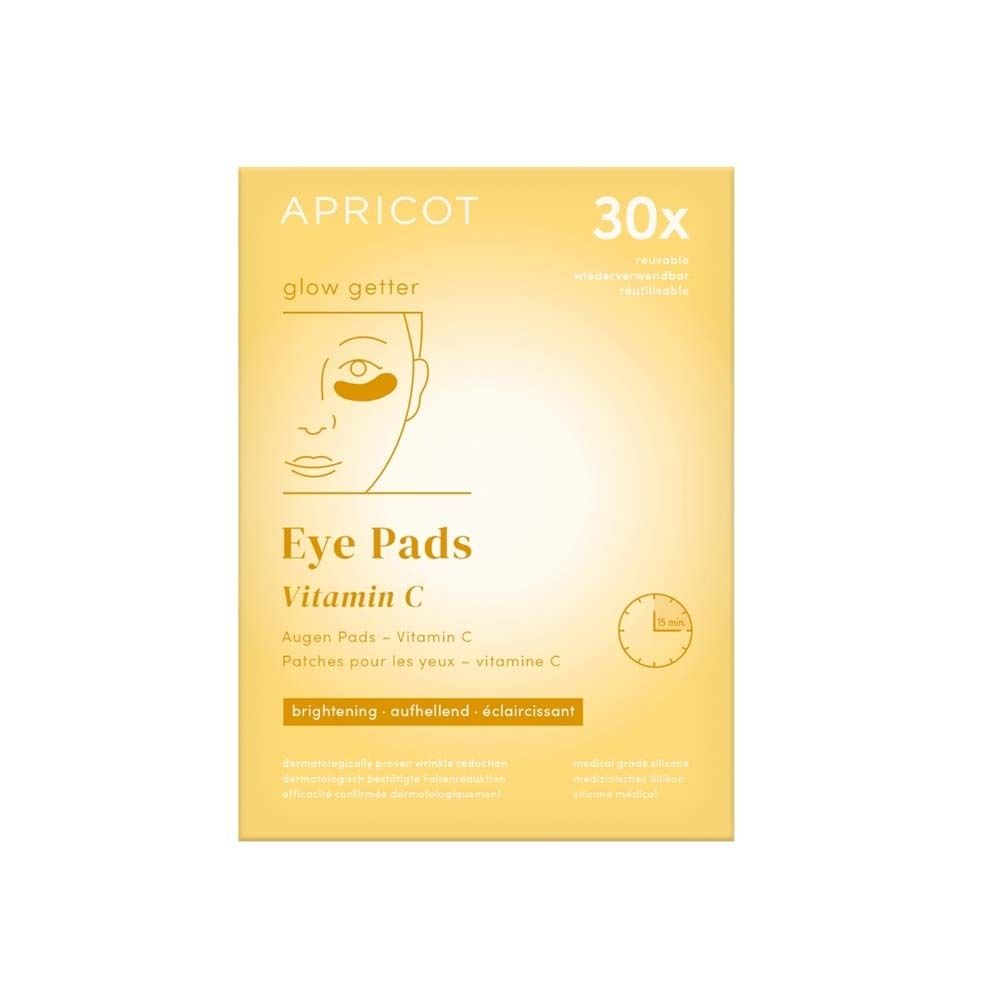 Confezione di cuscinetti per gli occhi. Stampato: APRICOT, Eye Pads Vitamin C. Con illustrazione e orologio.