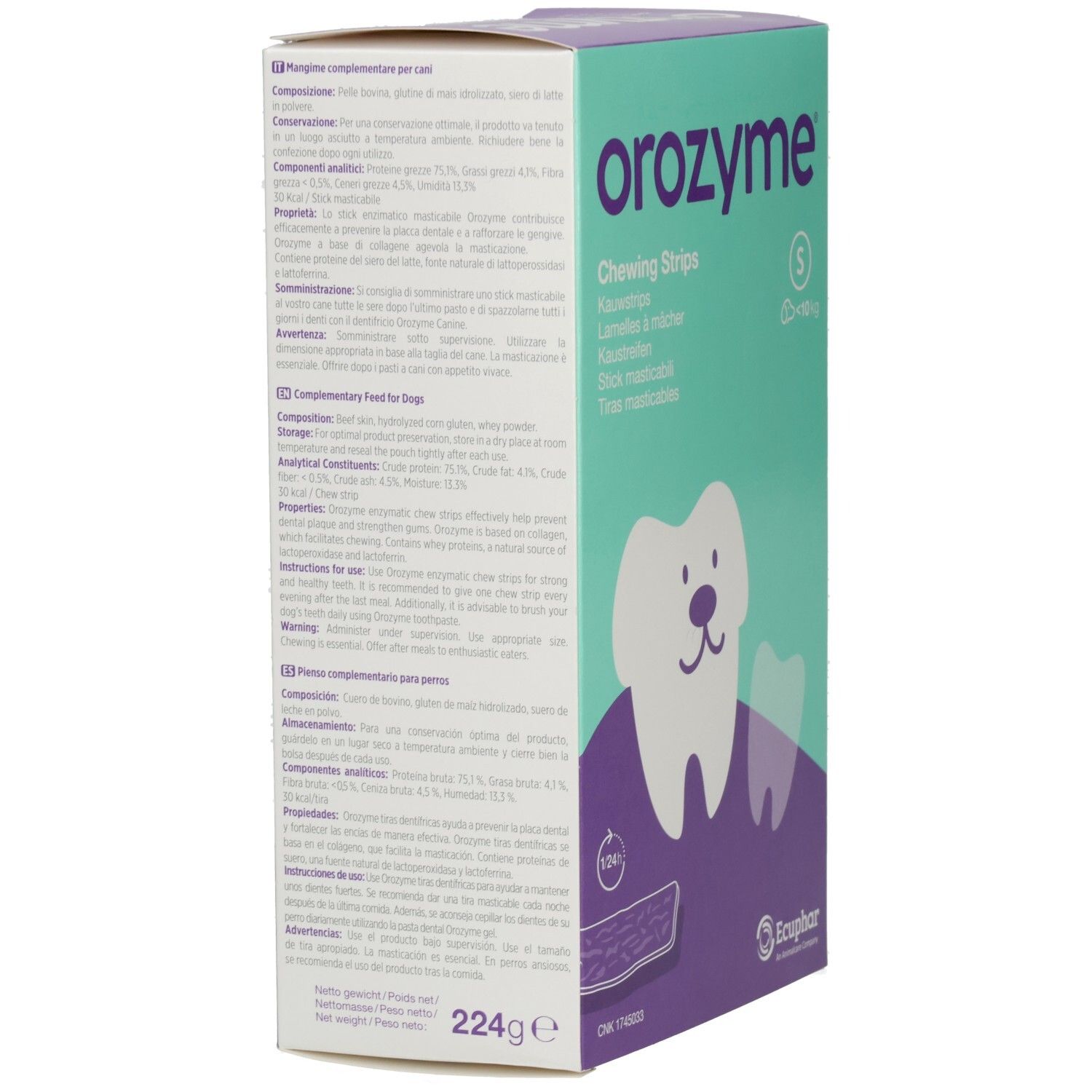 Scatola Orozyme S Canine. Testo: Per cani piccoli fino a 10 kg. Strisce masticabili enzimatiche per l'igiene orale. Silhouette di cane. Logo Ecuphar.