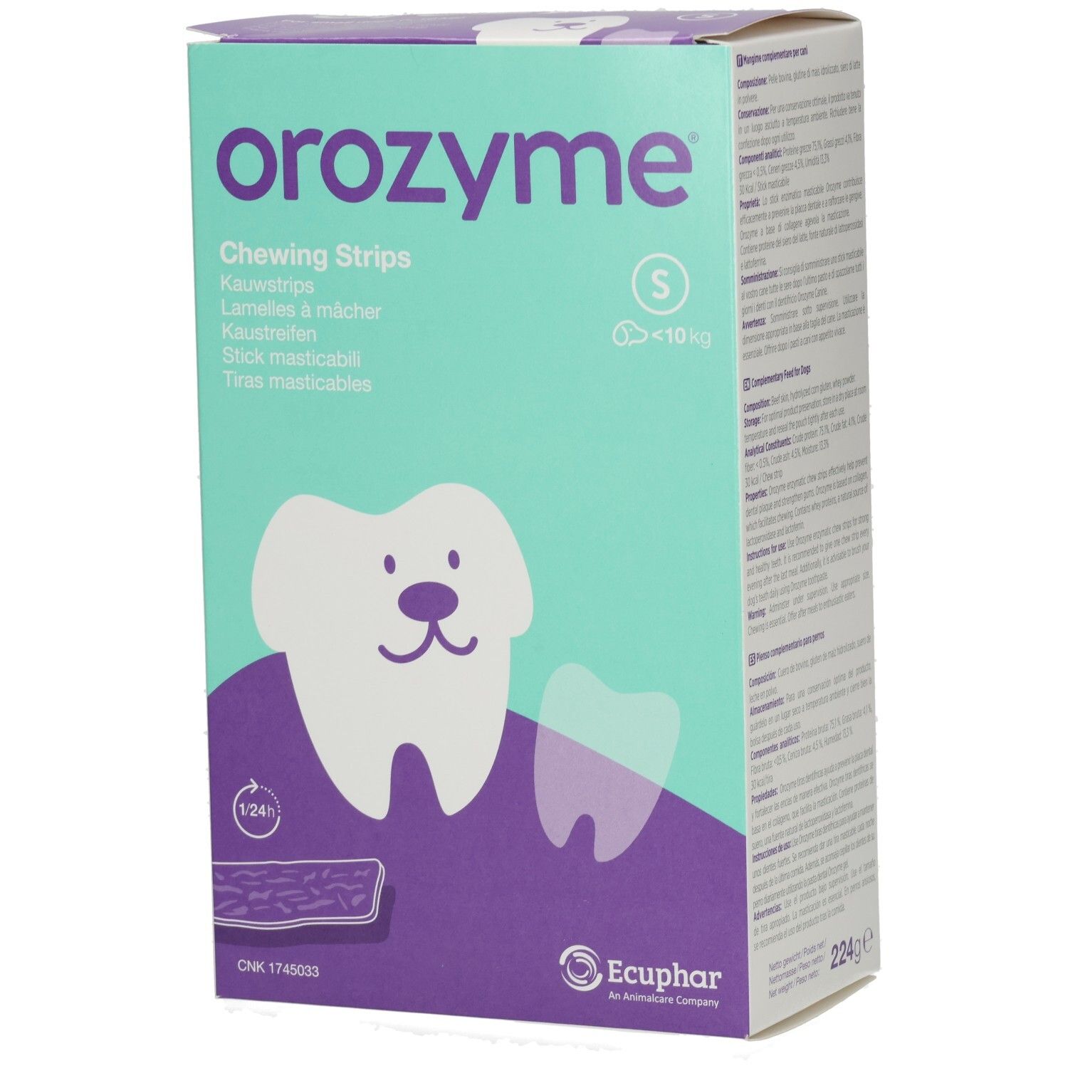 Scatola Orozyme S Canine. Testo: Per cani piccoli fino a 10 kg. Strisce masticabili enzimatiche per l'igiene orale. Silhouette di cane. Logo Ecuphar.