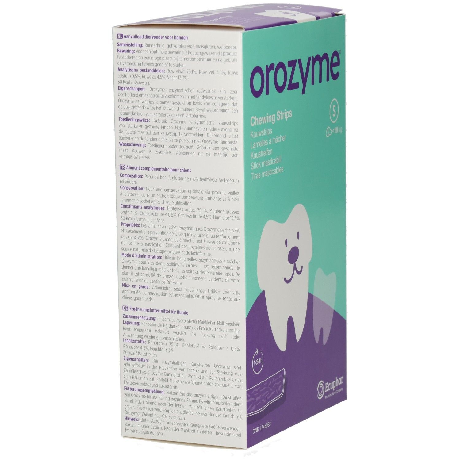 Scatola Orozyme S Canine. Testo: Per cani piccoli fino a 10 kg. Strisce masticabili enzimatiche per l'igiene orale. Silhouette di cane. Logo Ecuphar.