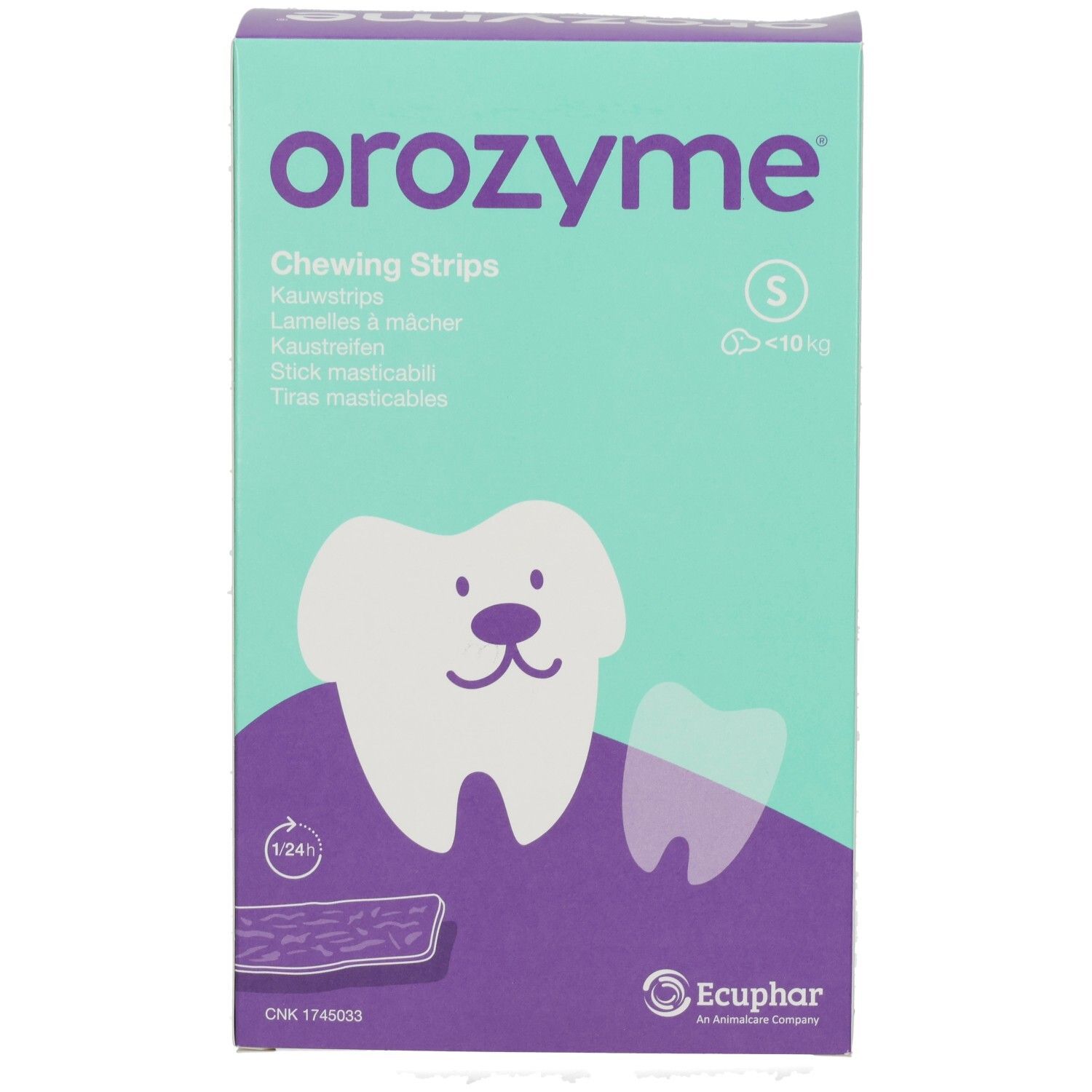Scatola Orozyme S Canine. Testo: Per cani piccoli fino a 10 kg. Strisce masticabili enzimatiche per l'igiene orale. Silhouette di cane. Logo Ecuphar.
