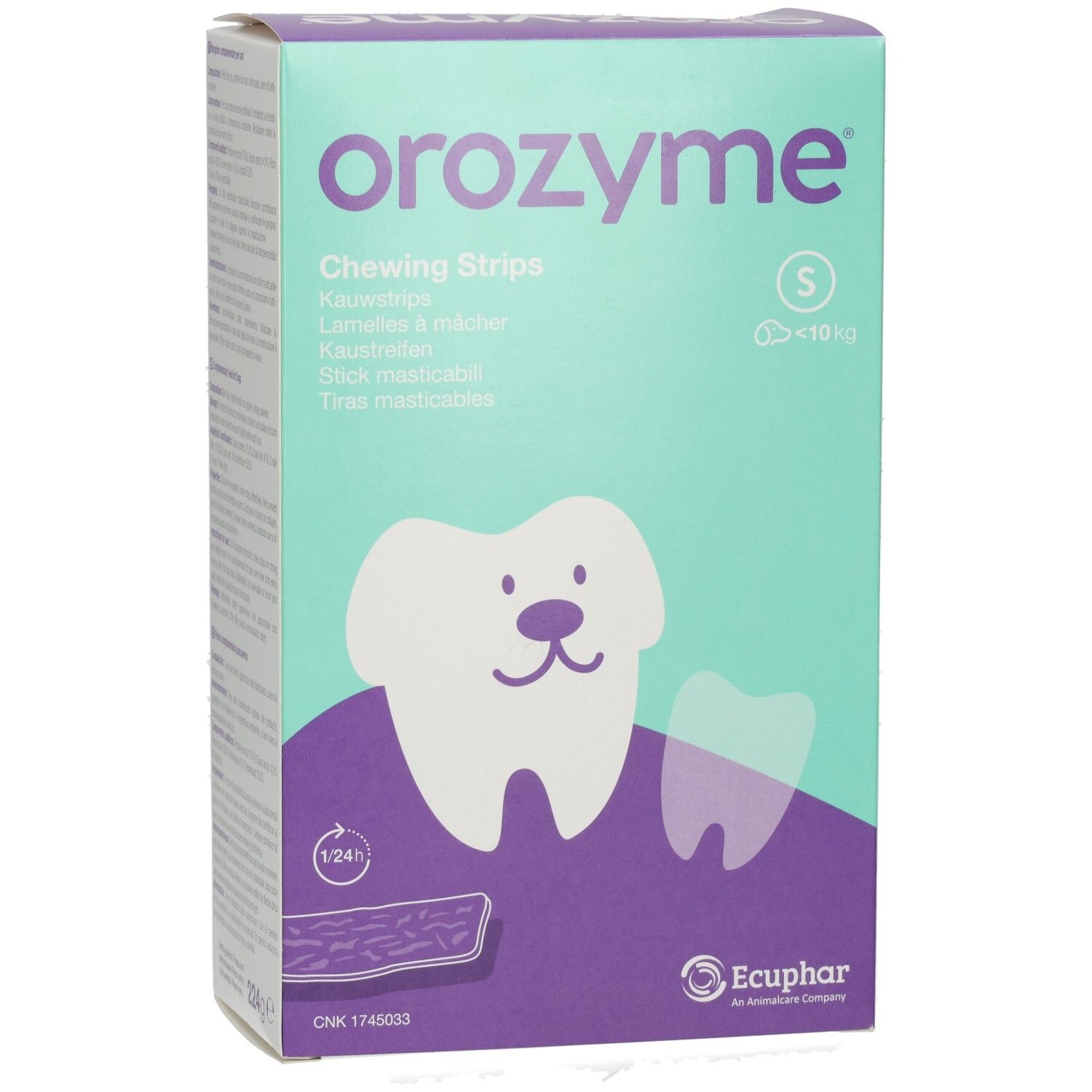 Scatola Orozyme S Canine. Testo: Per cani piccoli fino a 10 kg. Strisce masticabili enzimatiche per l'igiene orale. Silhouette di cane. Logo Ecuphar.