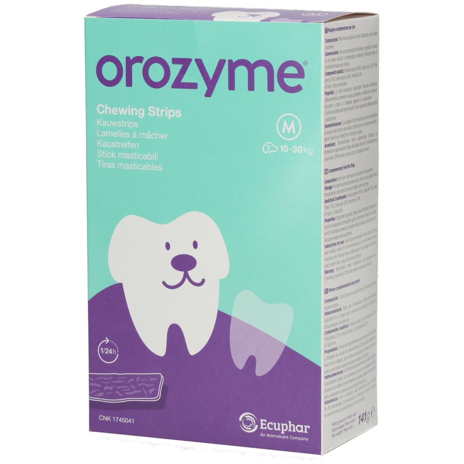 Confezione di strisce masticabili Orozyme taglia M per cani da 10-30 kg.