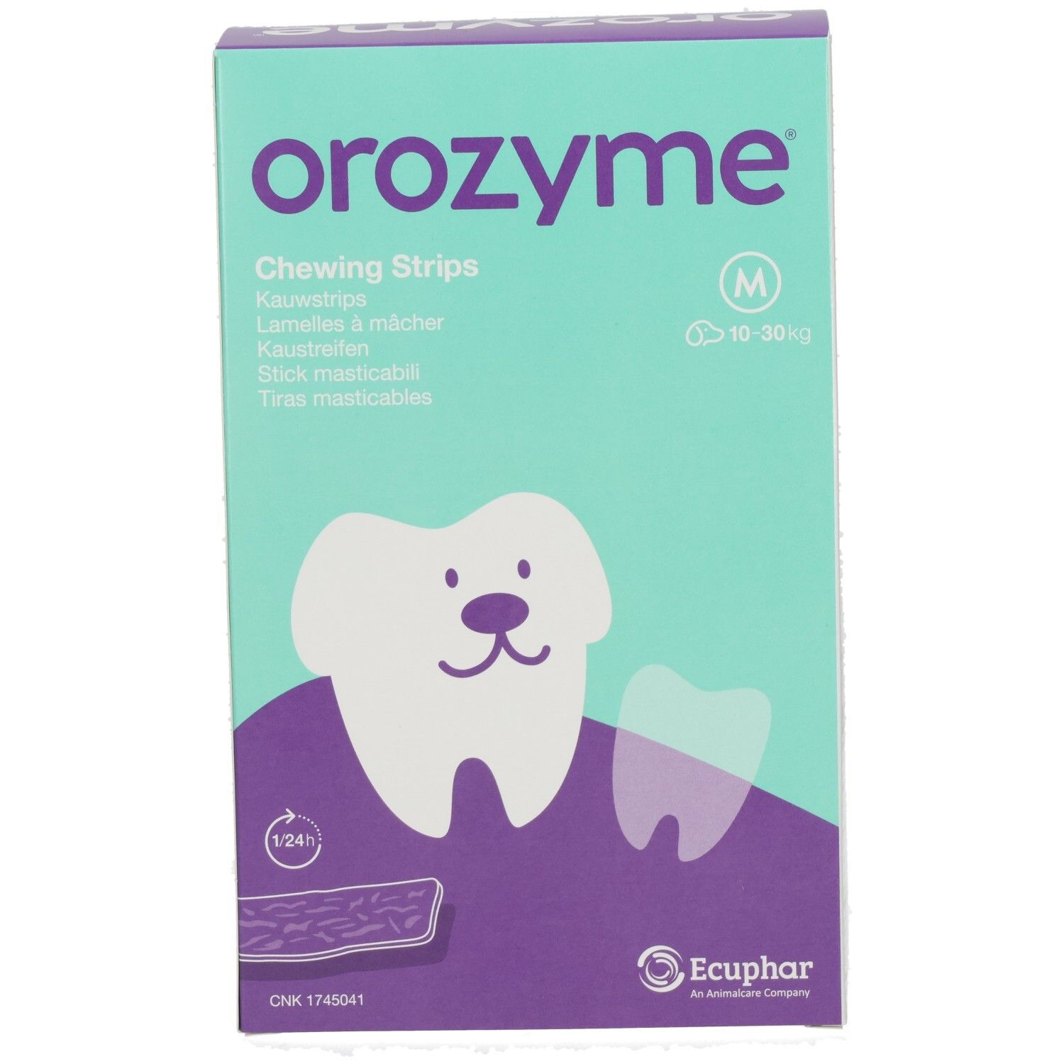 Confezione di Orozyme Chewing Strips per cani 10-30kg, taglia M, con motivo dentale e canino.