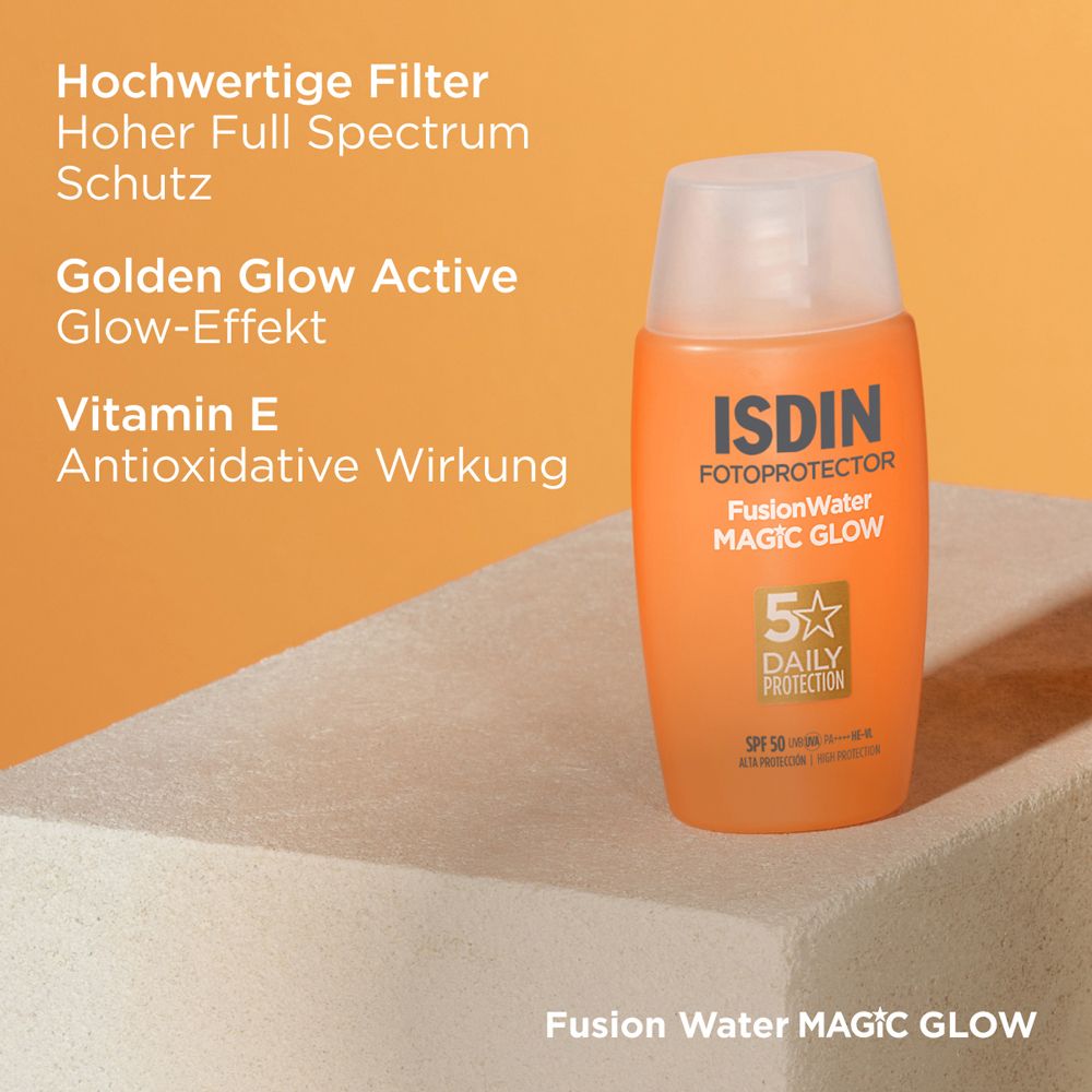 Flacone di crema solare con testo. Filtri di alta qualità, Golden Glow Active, vitamina E.