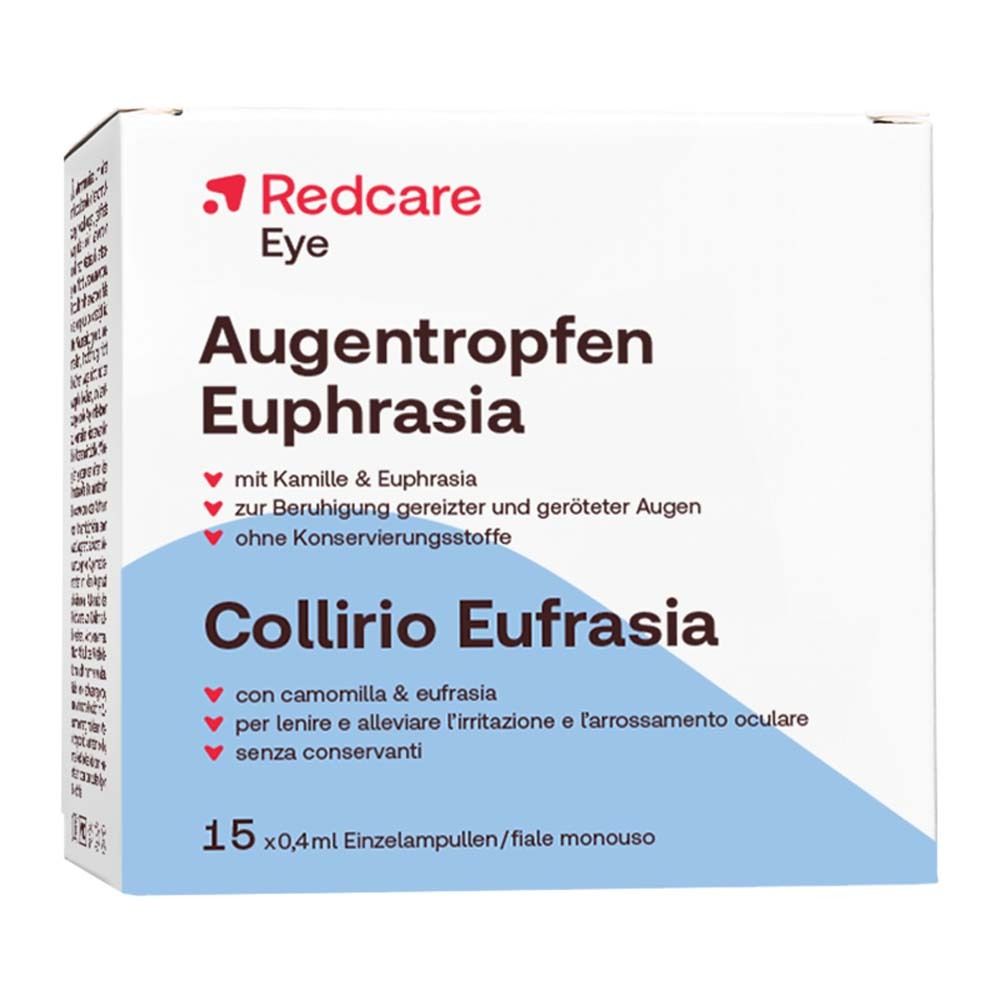Confezione di collirio. Scatola bianca e rossa. Scritta: Redcare Eye Augentropfen Euphrasia, 15 fiale.