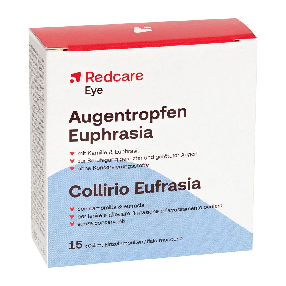 Confezione di collirio Euphrasia. Contiene 15 fiale monodose. Marchio Redcare Eye.