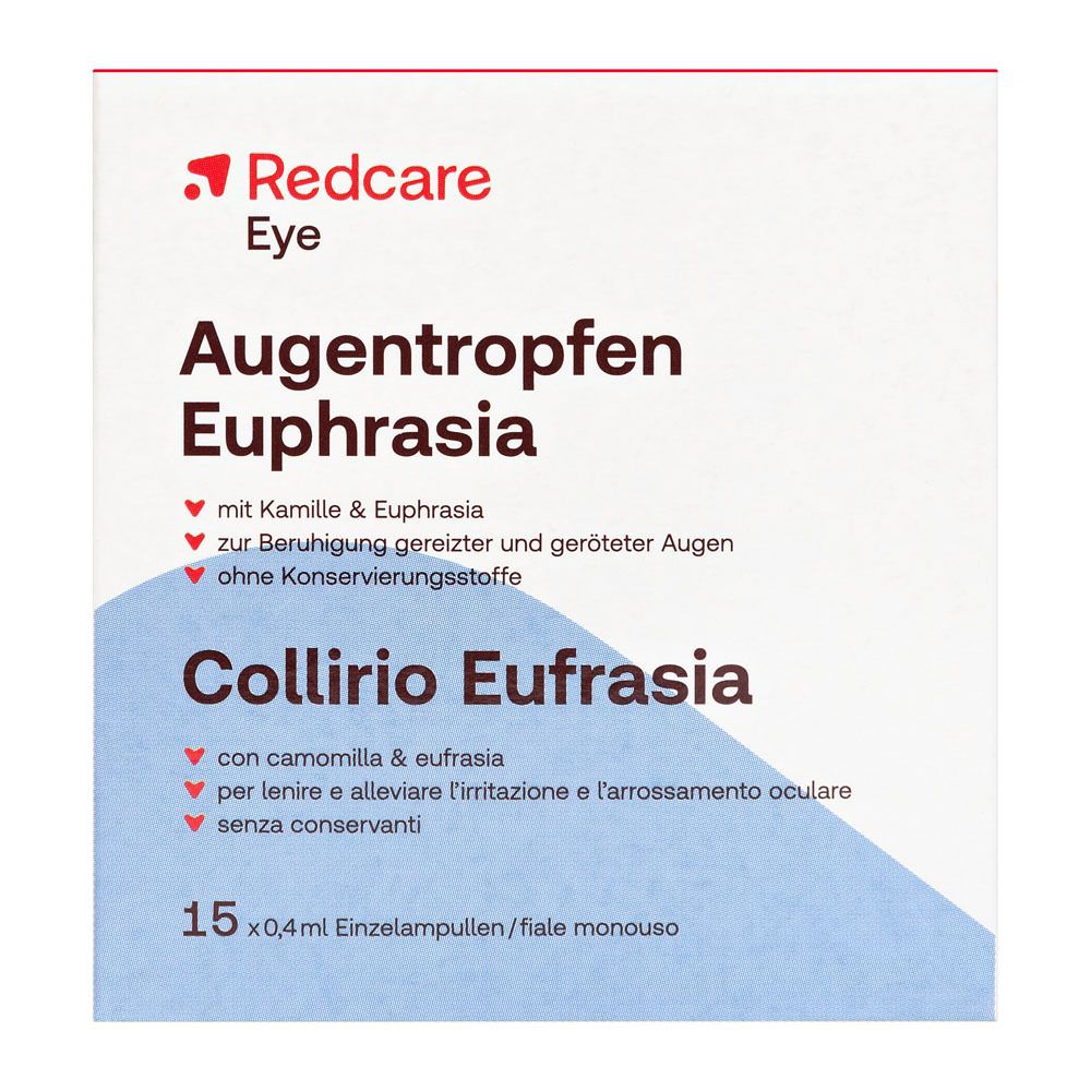 Confezione di collirio Euphrasia. Contiene 15 fiale monodose. Marchio Redcare Eye.