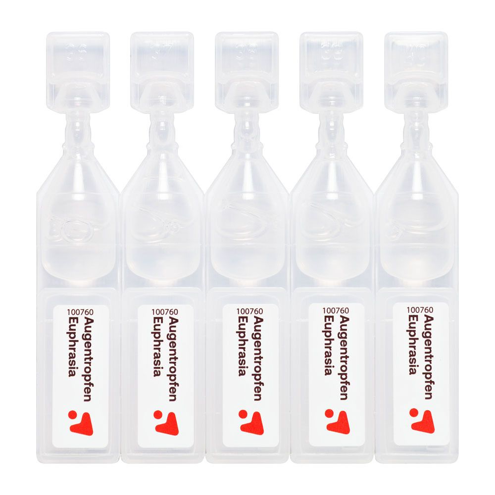 Cinque fiale monodose di collirio Euphrasia. Contenitori trasparenti a forma di goccia.