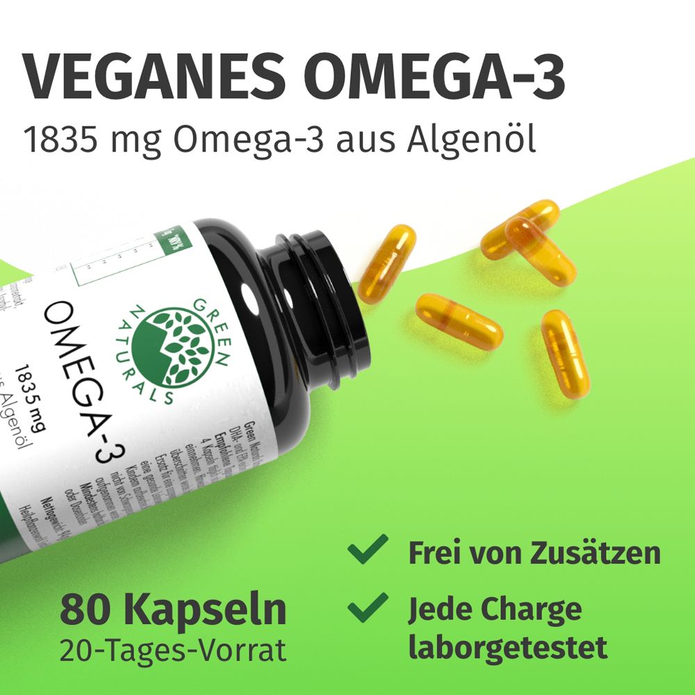 Capsule Omega-3 vegane Green Naturals: Barattolo aperto con 1835mg di olio di alghe, capsule e testo.