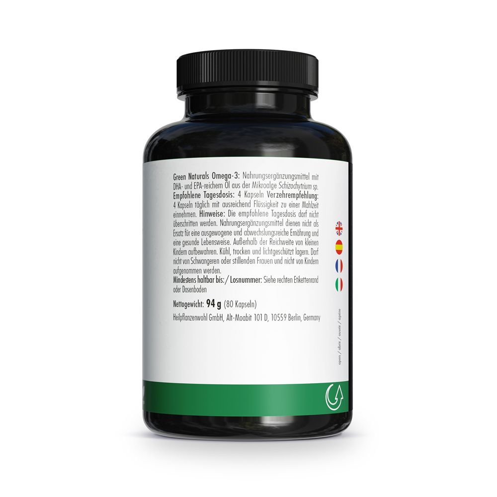 Barattolo Green Naturals Omega-3: 1835mg da olio di alghe, 80 capsule, vegano.