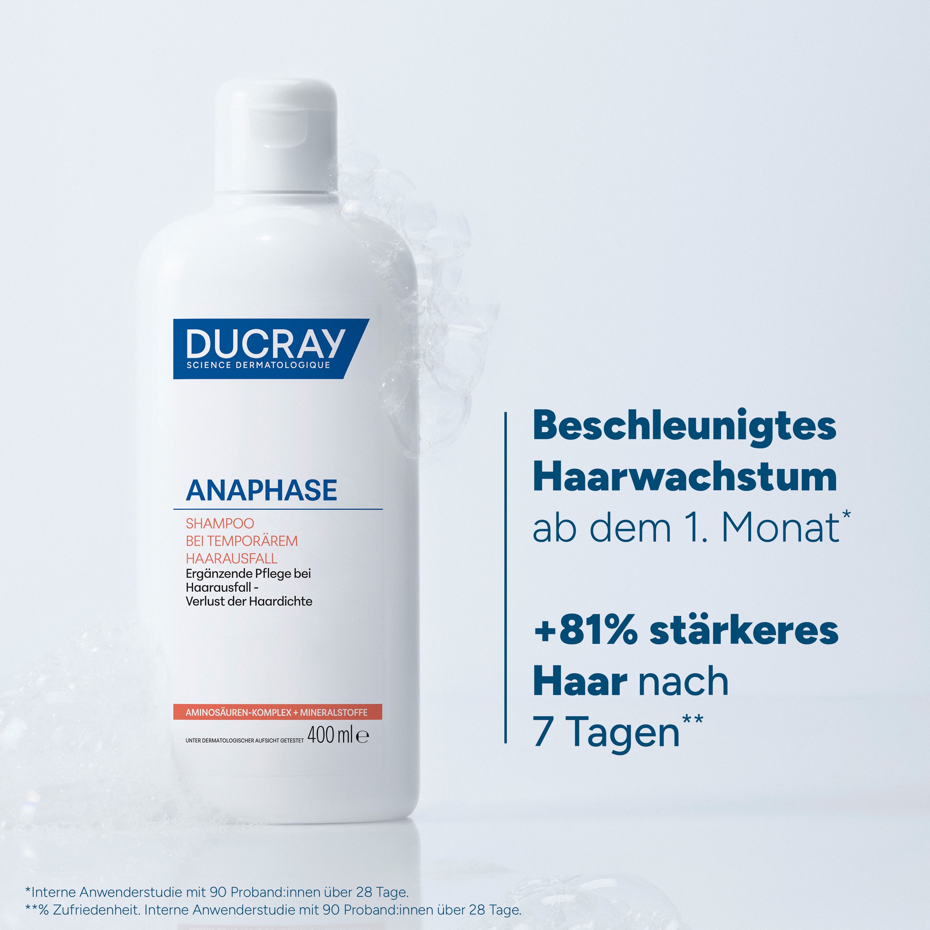 Flacone di shampoo, testo: Crescita accelerata dei capelli dal 1° mese, +81% di capelli più forti dopo 7 giorni.
