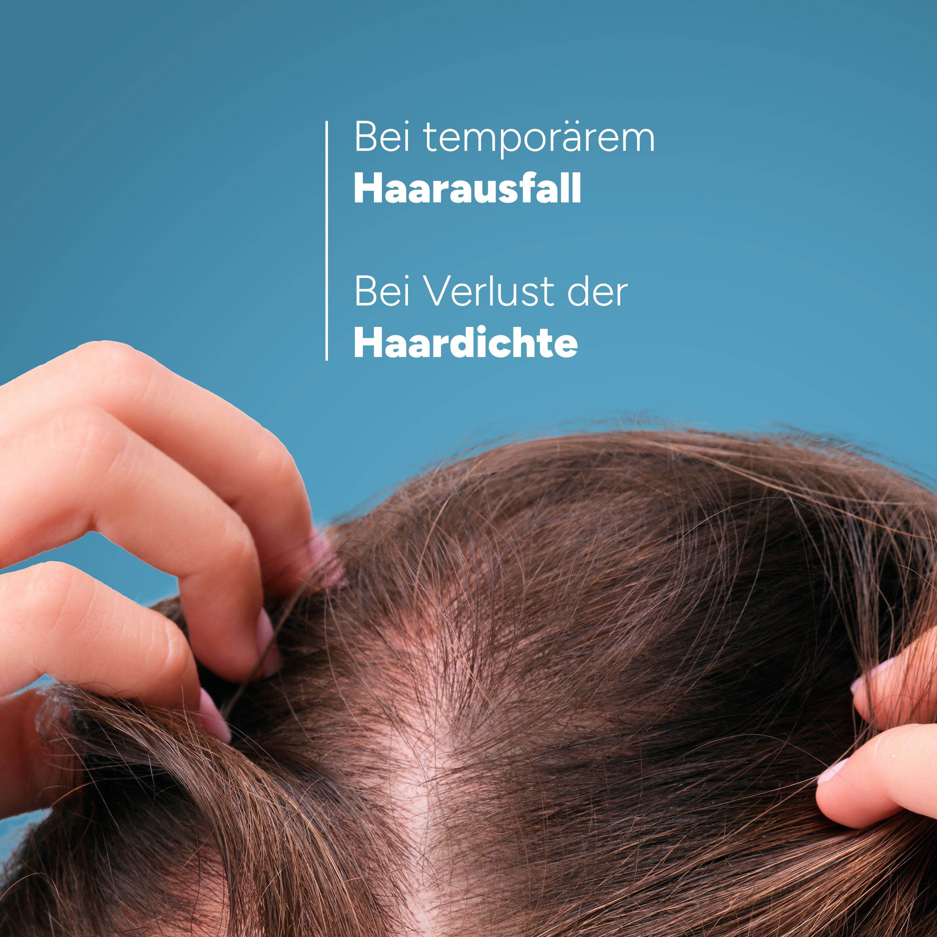 Mani sul cuoio capelluto con perdita di capelli. Testo: Per la caduta temporanea dei capelli, Per la perdita di densità dei capelli.