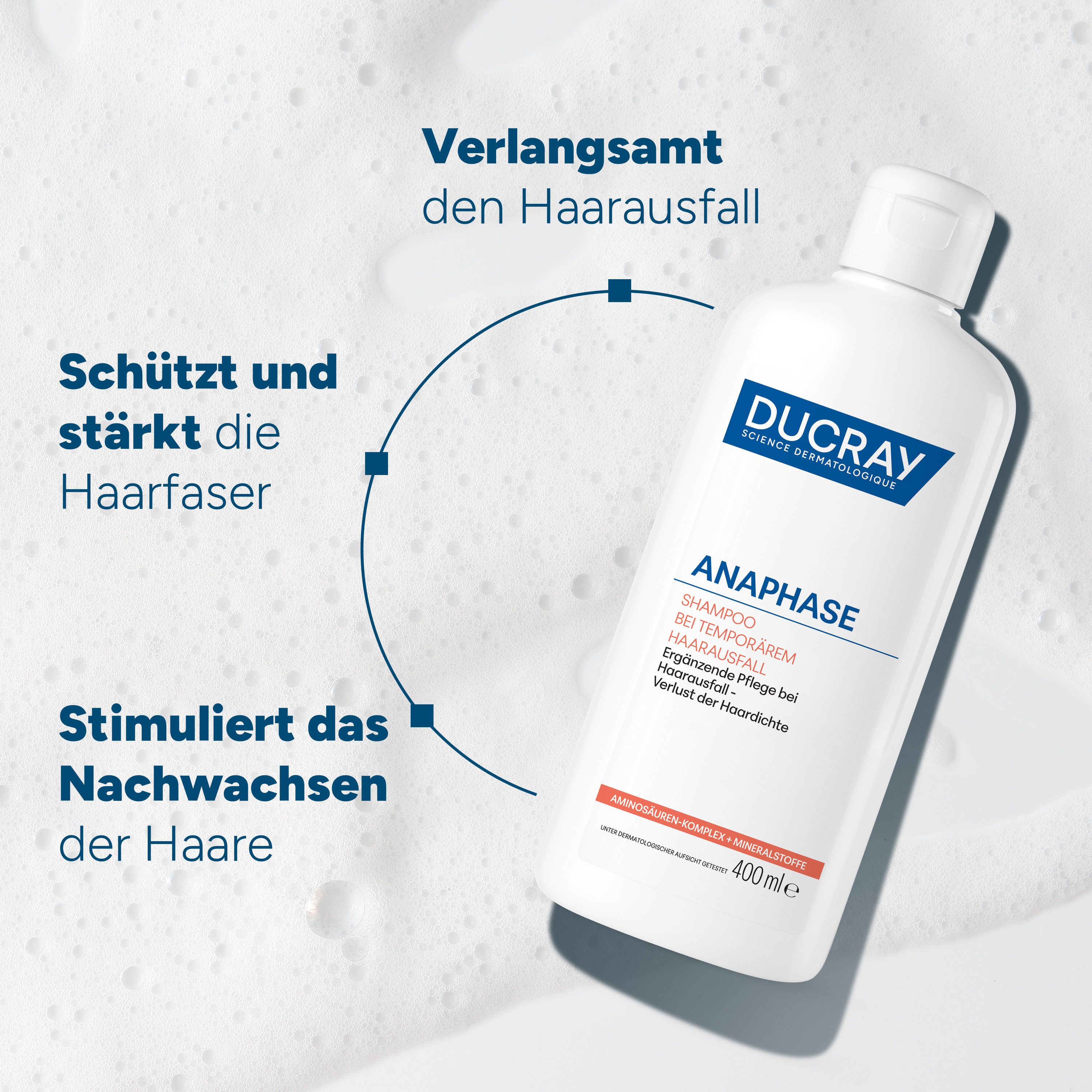 Flacone di shampoo in bolle di sapone. Testo: Rallenta la caduta dei capelli, Protegge e rinforza la fibra capillare, Stimola la ricrescita dei capelli.