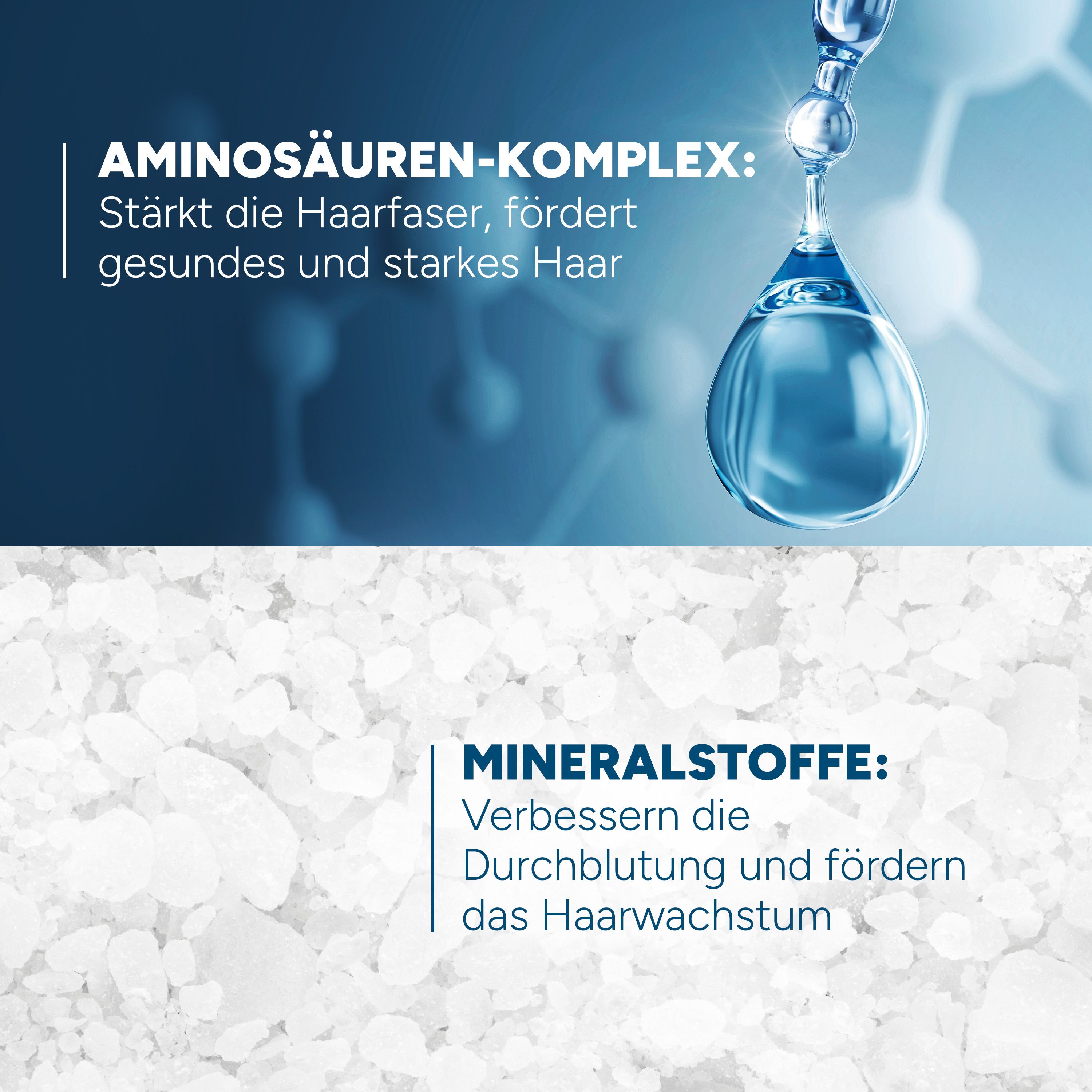 Grafico blu con gocce e cristalli. Testo: Complesso di aminoacidi, Minerali.