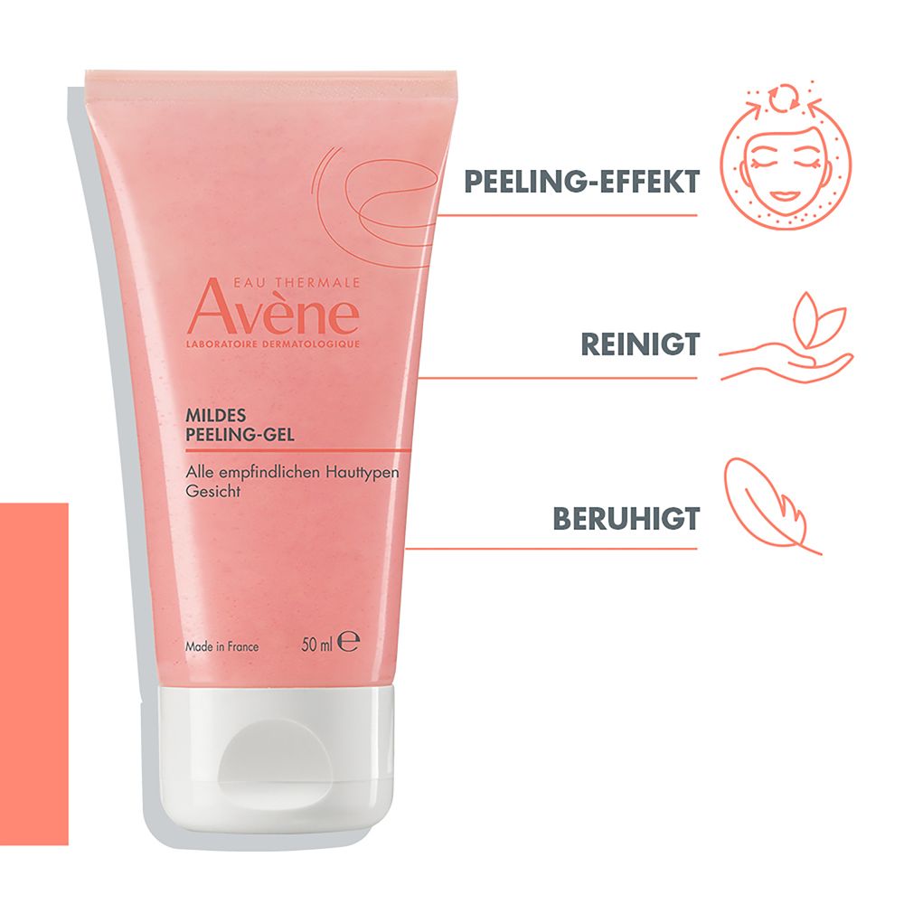 Tubo da 50ml di Gel Esfoliante Delicato Avène. Per tutti i tipi di pelle sensibile del viso. Formulazione biodegradabile.