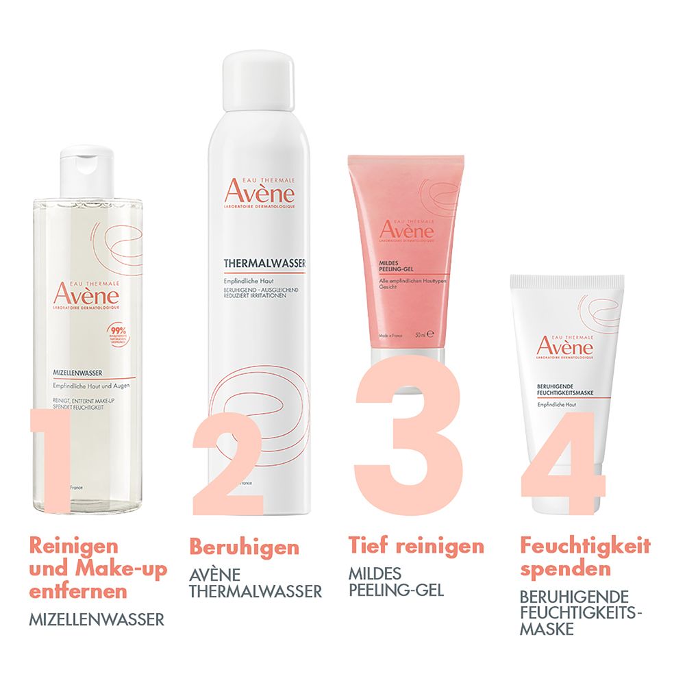 Acqua micellare Avène in flacone trasparente con tappo rosa.