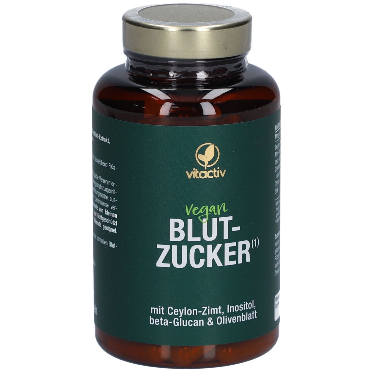 Flacone marrone con coperchio dorato. Scritta: vitactiv Vegan Blutzucker. Contiene cannella di Ceylon, inositolo, beta-glucano e foglie di ulivo.